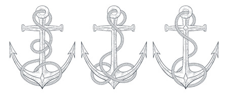 Anchors with rope around. Set of hand drawn sketches. Vector illustration isolated on white...