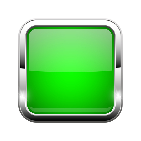 Green glass button. Shiny square 3d web icon. Vector illustration isolated on white backgroundのイラスト素材