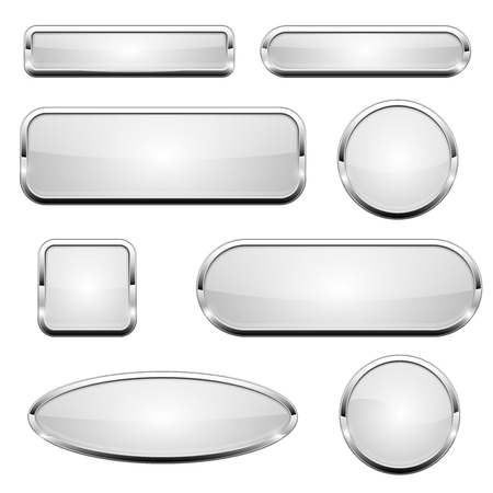 White glass 3d buttons. With chrome frame. Set of web icons. Vector illustration isolated on white backgroundのイラスト素材