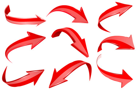 Red 3d shiny arrows. Set of bent icons. Vector illustration isolated on white backgroundのイラスト素材
