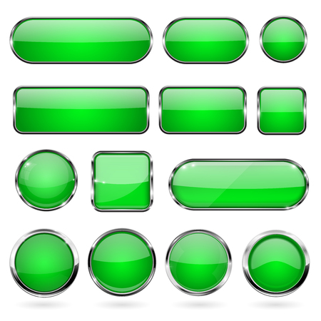 Green glass buttons with metal frame. Collection of 3d iconsのイラスト素材