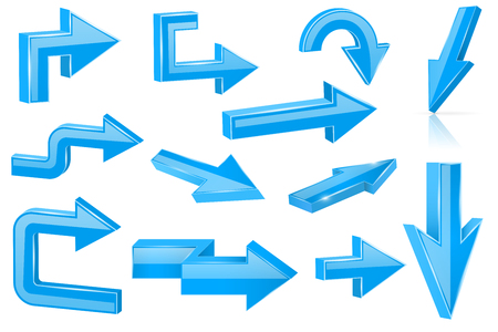 Set of blue arrows. Shiny 3d web icons. Vector illustration isolated on white backgroundのイラスト素材