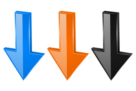 Colored arrows. Shiny 3d DOWN web icons. Vector illustration isolated on white backgroundのイラスト素材