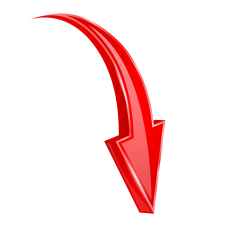Red DOWN arrow. Shiny bent web sign. Vector illustration isolated on white backgroundのイラスト素材