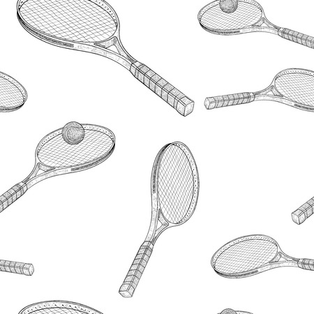 Tennis racket with a ball. Hand drawn sketch. Seamless background. Vector illustrationのイラスト素材