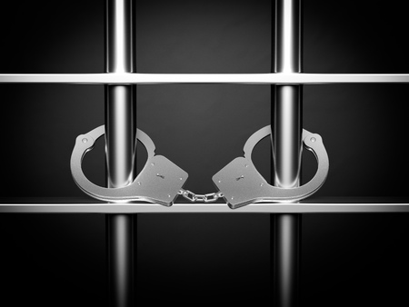 Handcuffs closed on prison metal bars. Criminal background. 3d rendering illustrationの写真素材
