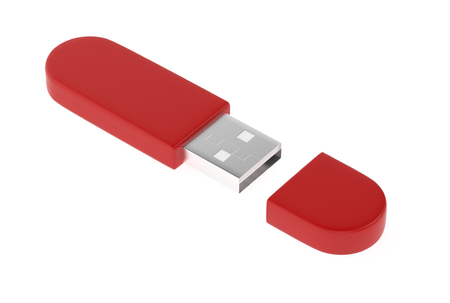 USB stick. Red digital storage accessory. 3d rendering illustration isolatedの写真素材