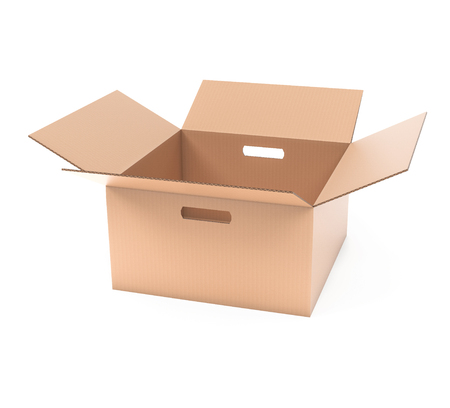 Open brown paper cardboard box with handle holes. 3d rendering illustration isolatedの写真素材