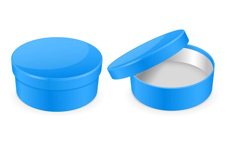 Blue box. Round hat box. Open and closed empty cartonのイラスト素材