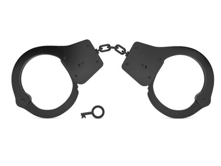 Closed handcuffs with a key. 3d rendering illustration isolatedの写真素材