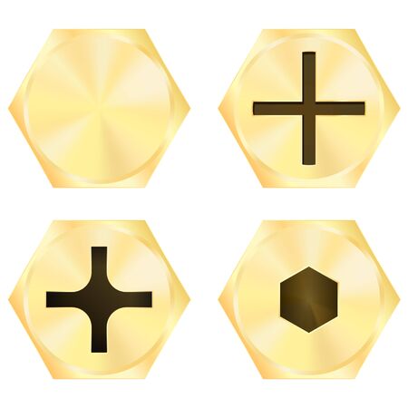 Screw heads. Golden mechanical parts. Vector illustration isolated on white backgroundのイラスト素材
