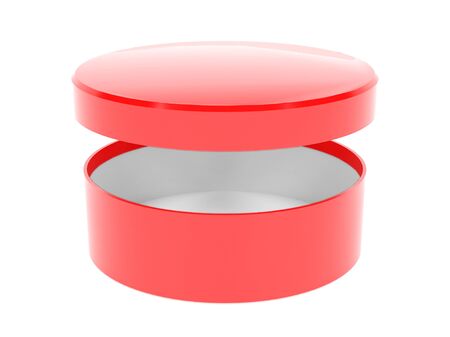 Round box. Open red carton with lid. 3d rendering illustration isolated on white backgroundの写真素材