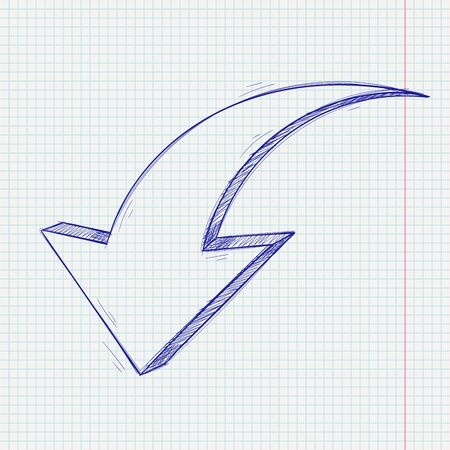 Arrow sketch. Down sign. Blue hand drawn doodle on lined paper background. Vector illustrationのイラスト素材