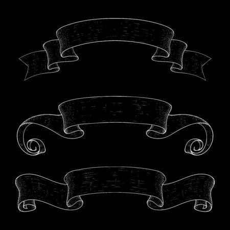 Ribbon scrolls. Hand drawn design icons on black backgroundのイラスト素材