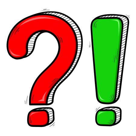 Question and Exlamation marks. Red and green hand drawn sketch. Vector illustrationのイラスト素材