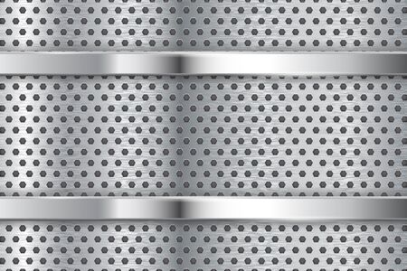Metal background with perforation and chrome frame. Vector 3d illustrationのイラスト素材