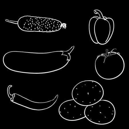 Vegetables on black background. Outline doodle. Vector illustration.のイラスト素材