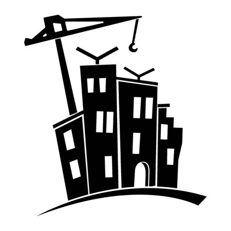 Houses under construction with crane. Black silhouette doodleのイラスト素材