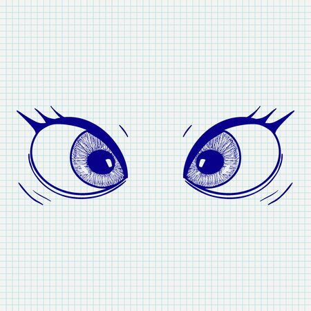 Cartoon eyes. Hand drawn sketch. Vector illustration on notebook sheet background.のイラスト素材