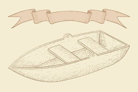 Fishing boat. Hand drawn sketch on beige background. Vector illustrationのイラスト素材