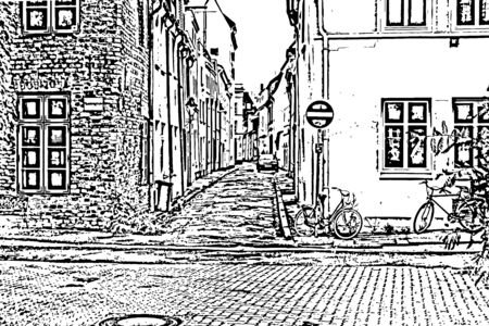 European city. Old town narrow street with stop sign. Vintage hand drawn sketch. Vector illustrationのイラスト素材