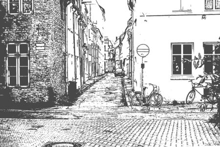 European city. Old town narrow street with stop sign. Vintage hand drawn sketch. Vector illustrationのイラスト素材