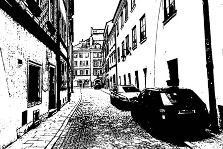 European city. Old town narrow street with parked cars. Vintage hand drawn sketch. Vector illustrationのイラスト素材