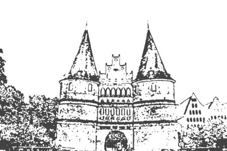 Lubeck Holsten gate. Popular sightseeing. Hand drawn sketch. Vector illustrationのイラスト素材