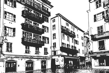 Old buildings with balconies. Vintage hand drawn sketch. Vector illustrationのイラスト素材