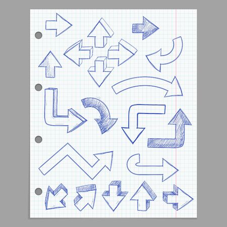 Hand drawn arrows. Blue doodles on lined paper background. Vector illustrationのイラスト素材