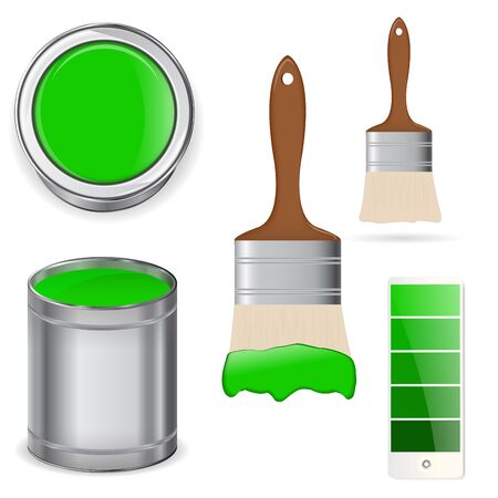 Green paint with brush. Vector 3d illustration isolated on white backgroundのイラスト素材