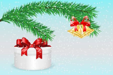 Gift box with red ribbon bow and green spruce branch. Vector 3d illustrationのイラスト素材