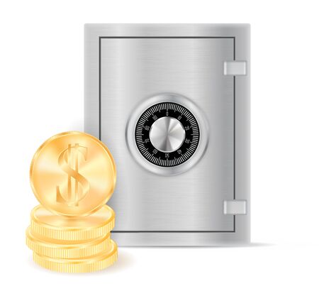 Deposit safe with golden dollar coins. Vector 3d illustration isolated on white backgroundのイラスト素材