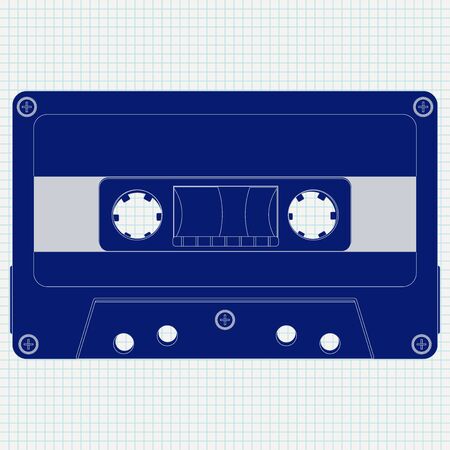 Audio tape cassette. Blue icon on lined paper backgroundのイラスト素材