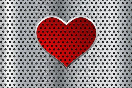 Metal perforated background with red heart. Vector 3d illustrationのイラスト素材