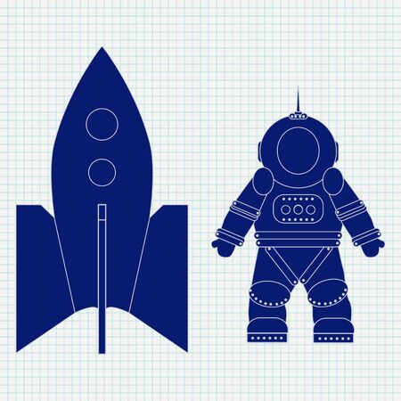 Astronaut and spaceship. Blue icon on lined paper background. Vector illustrationのイラスト素材
