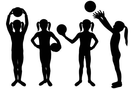 Children silhouettes. Girl playing with ball. Vector illustration isolated on white backgroundのイラスト素材