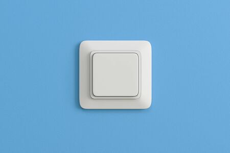 Electric switch. Square white plastic switch on blue wall. 3d rendering illustration