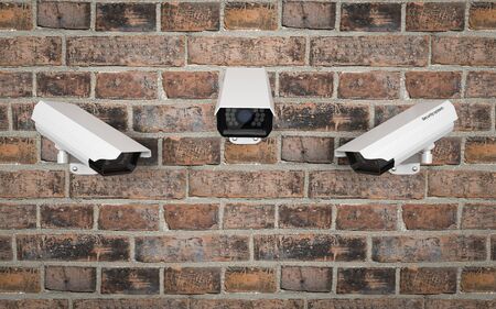 CCTV camera on the red brick wall. Set of different views. 3d rendering illustration.の写真素材