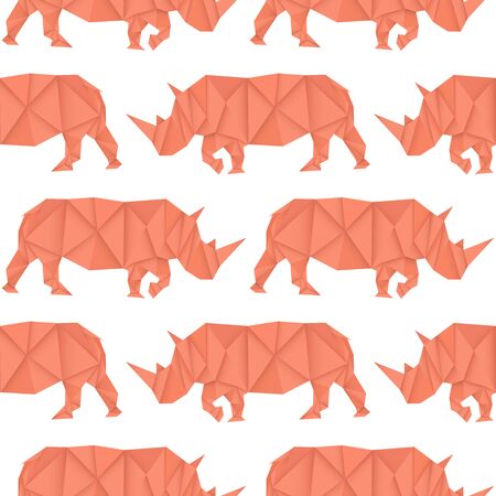 Rhinoceros. Red paper origami seamless pattern. Vector illustrationのイラスト素材