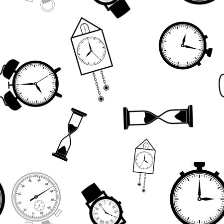 Time background. Black flat seamless pattern of time pieces. Vector illustration isolated on white backgroundのイラスト素材