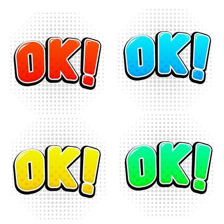 OK signs in comic book style. Colored set. Vector illustrationのイラスト素材