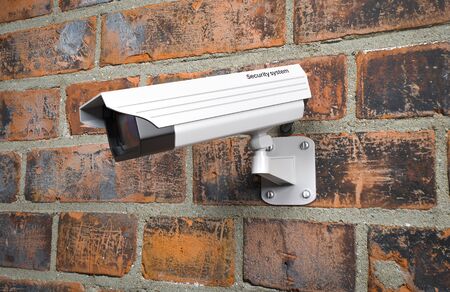 Surveilance CCTV camera on the red brick wall. 3d rendering illustration.
