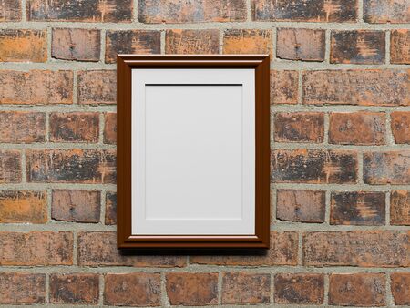 Empty picture frame hanging on the red brick wall. 3d rendering illustration.