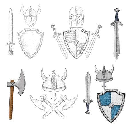 Viking equipment. Sword, shield, axe, helmets. Hand drawn sketch. Vector illustration isolated on white backgroundのイラスト素材