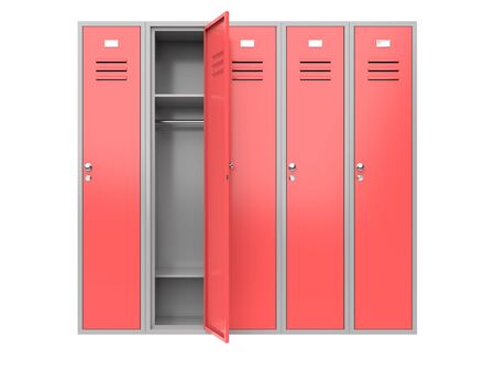 Red metal gym lockers with one open door. 3d rendering illustration isolated on white backgroundの写真素材