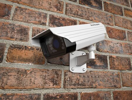 Surveilance CCTV camera on the red brick wall. 3d rendering illustration.