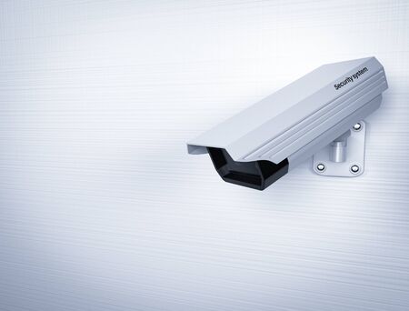 CCTV security camera on white wall. 3d rendering illustration.