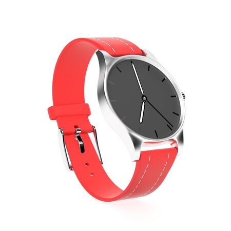 Wrist watch. Black dial with golden case and red leather bracelet. 3d rendering illustration isolated on white backgroundの写真素材
