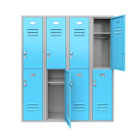 Blue metal locker with open doors. Two level compartment. 3d rendering illustration isolated on white backgroundの写真素材
